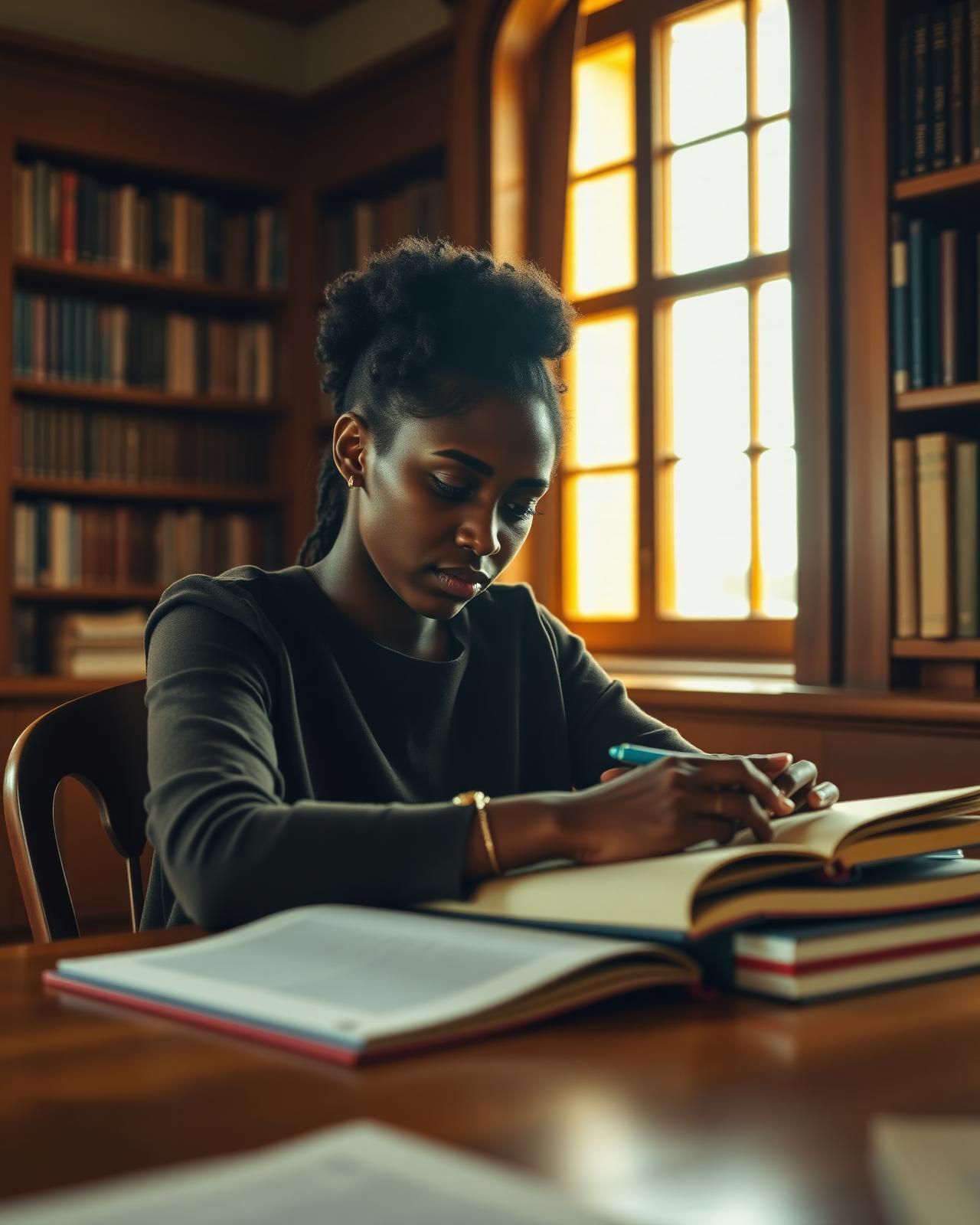Junge Frau lernt konzentriert in einer warm beleuchteten Bibliothek