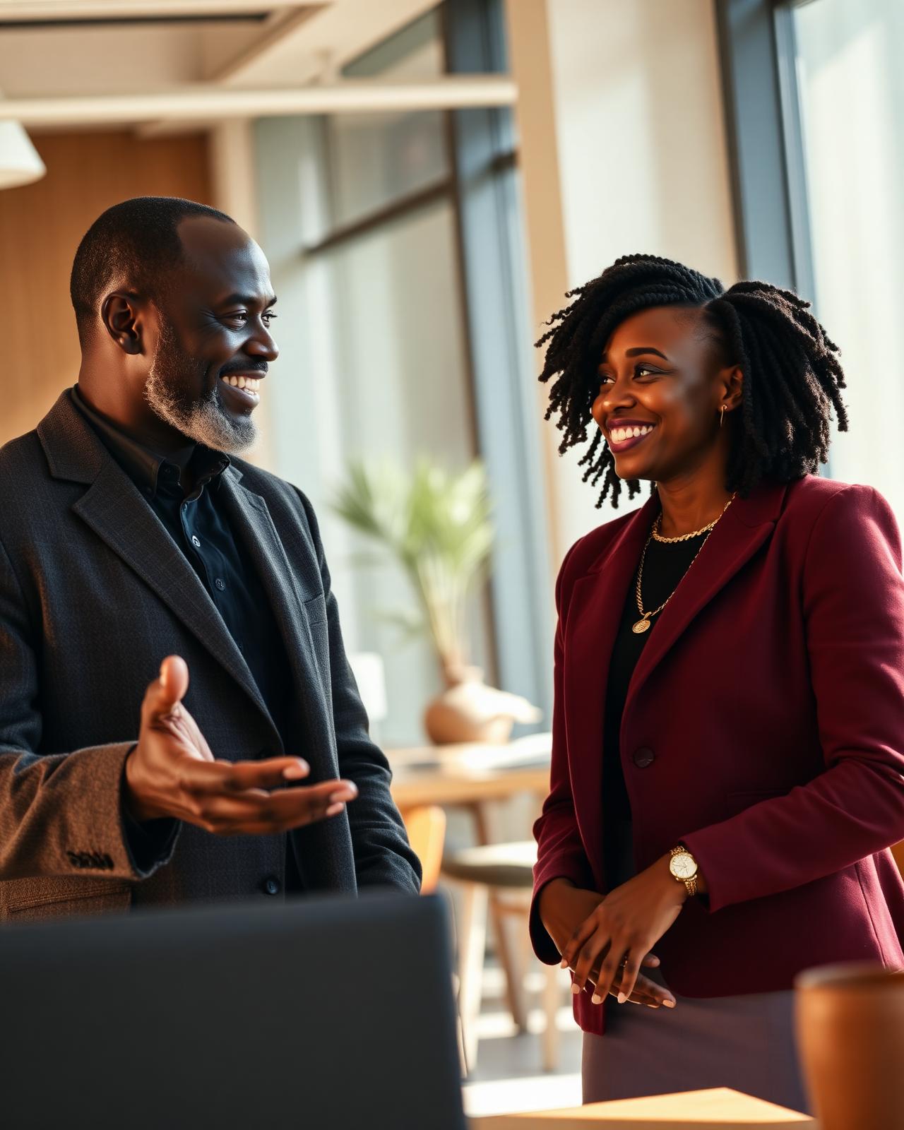 Mentor und Mentee im warmen Gespräch in einem modernen Schweizer Arbeitsraum